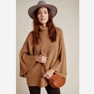 By‎ ANTHROPOLOGIE Kali Turtleneck Poncho Sweater Honey Brown Knit Medium Large